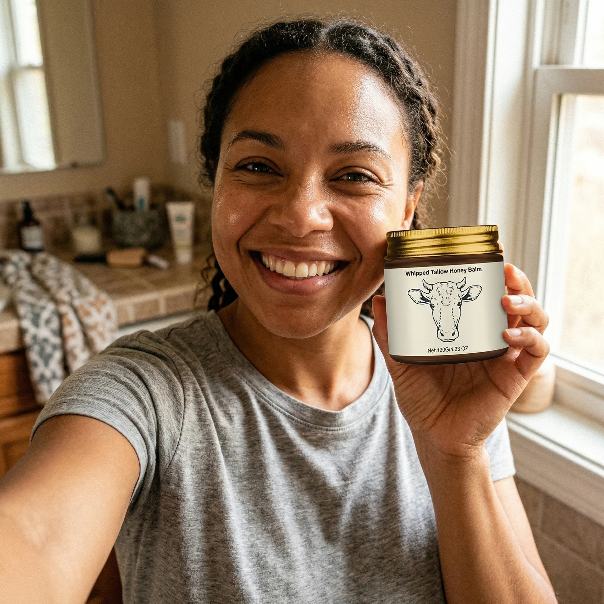 Happy customer holding Dewmallow whipped tallow balm jar