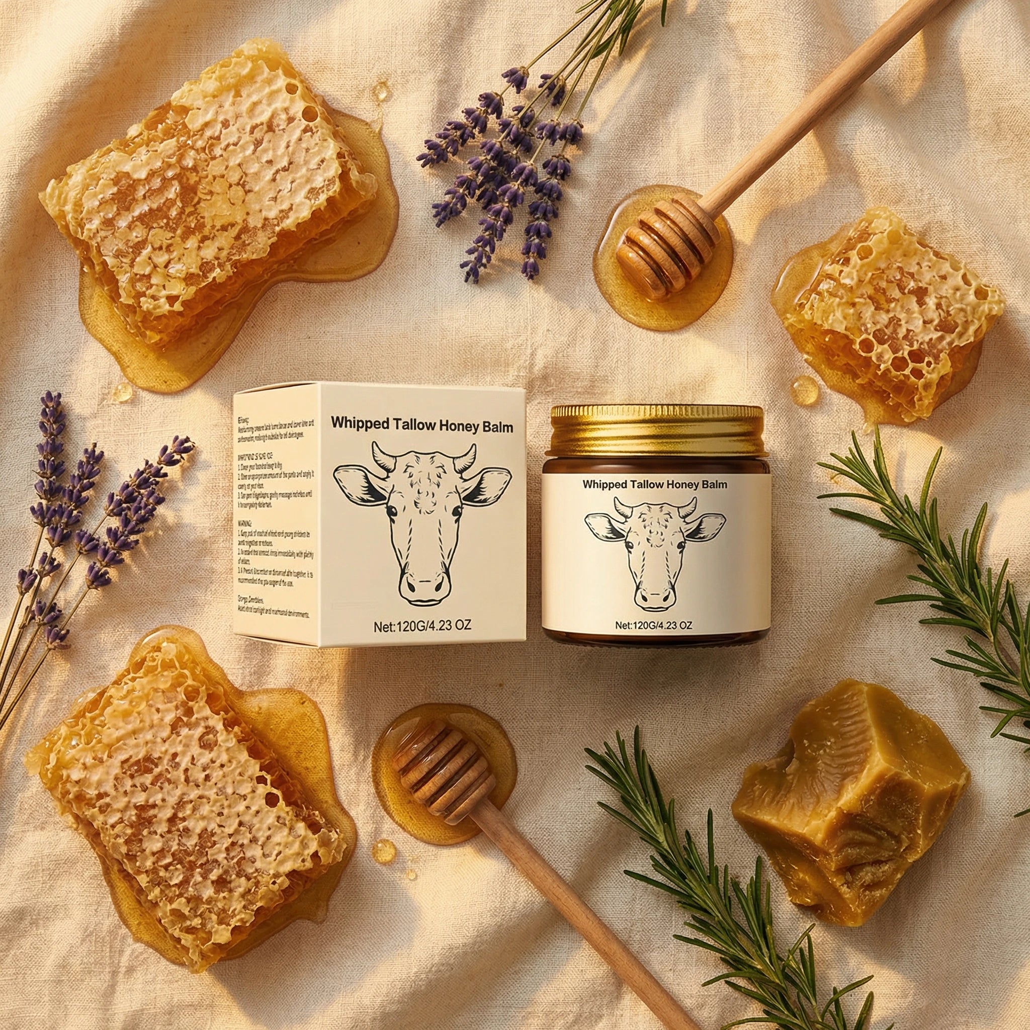 Dewmallow balm jars with raw honeycomb, lavender, and natural ingredients