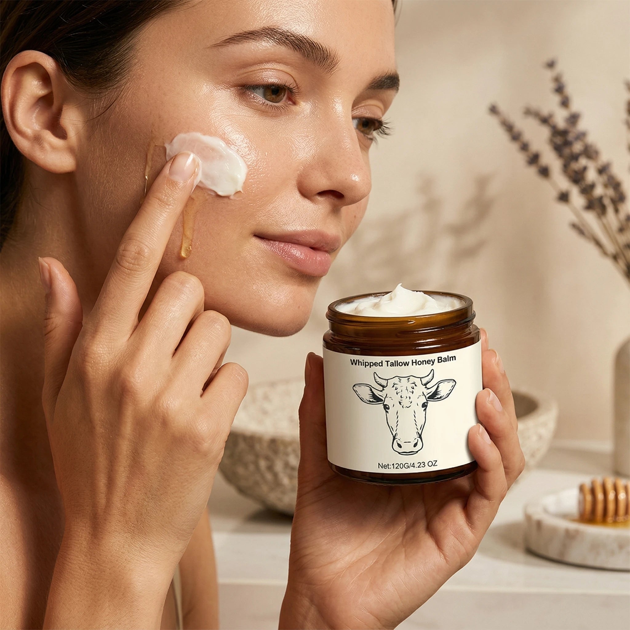 Woman applying Dewmallow balm to her face