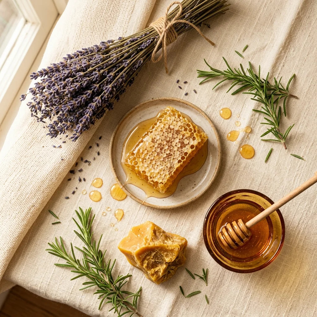 Honeycomb, lavender, and rosemary flat lay