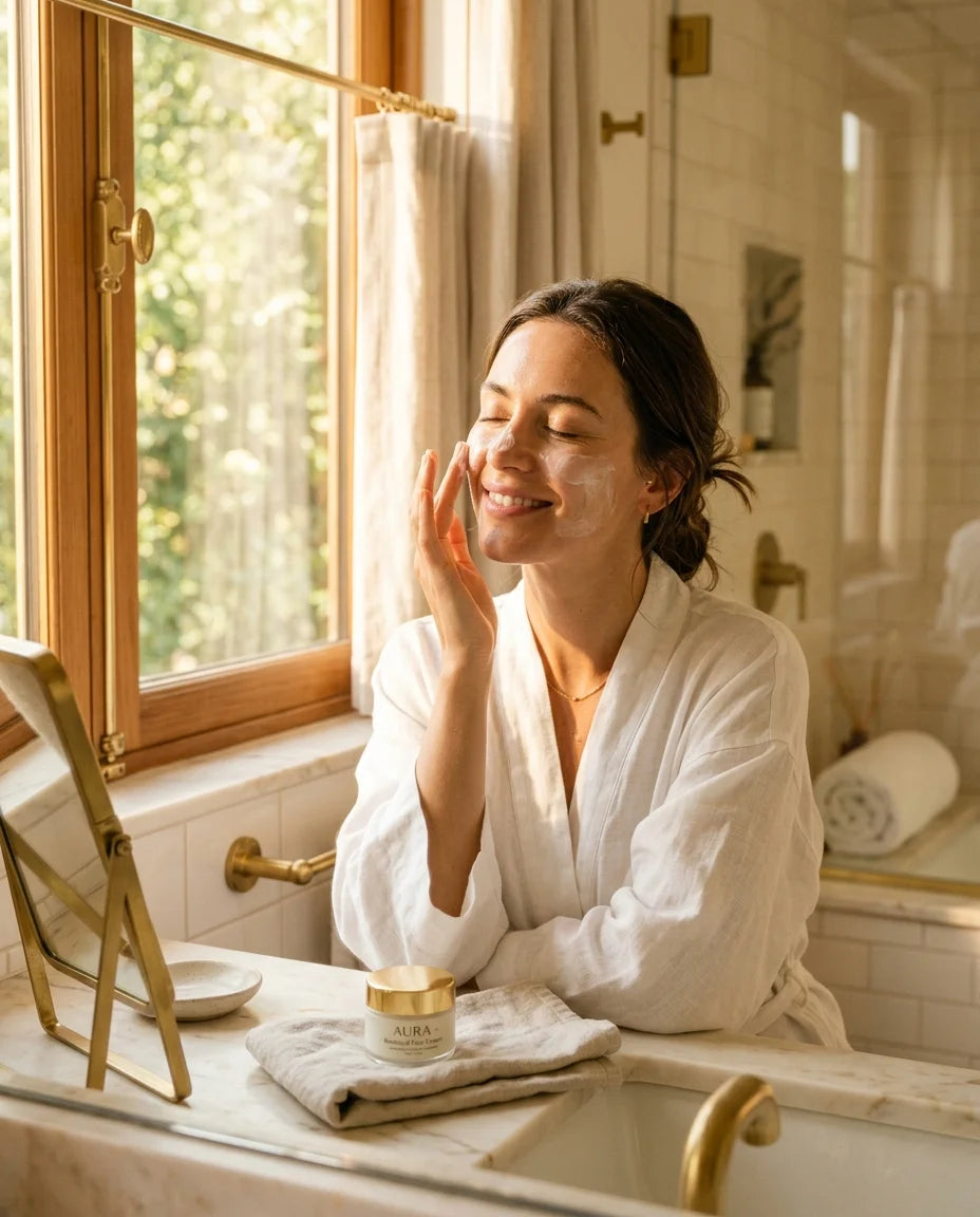 Woman applying skincare